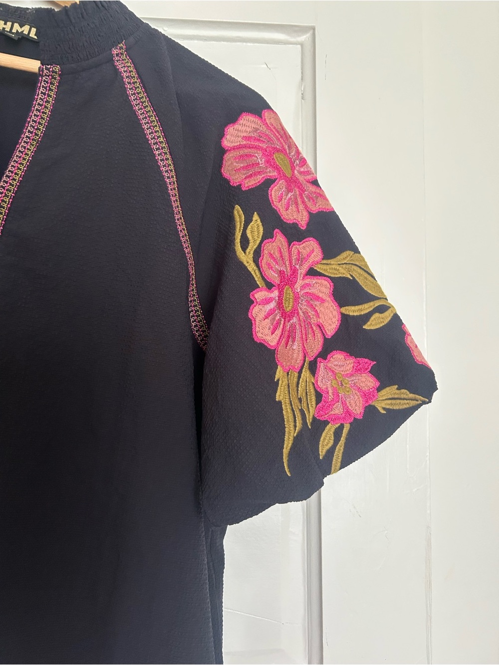 THML Black Blouse with Pink Floral Embroidered Sleeves - Picture 4 of 7